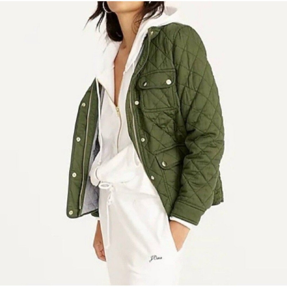 J. Crew Quilted Downtown Field Jacket Women’s XXS Green Pockets Full Zip Solid